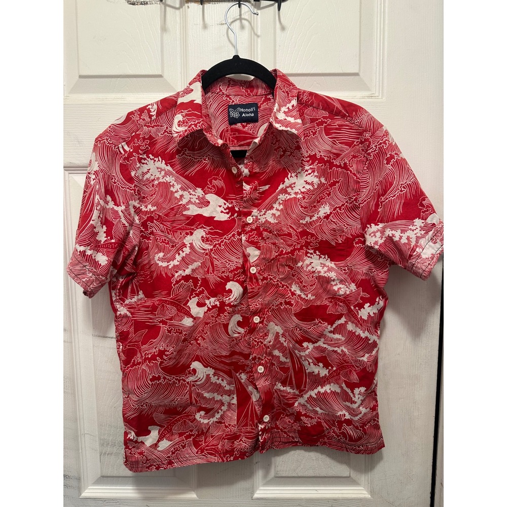 Honoli'i Aloha Mens Red White Great Wave Print Cotton Button Down Shirt Small